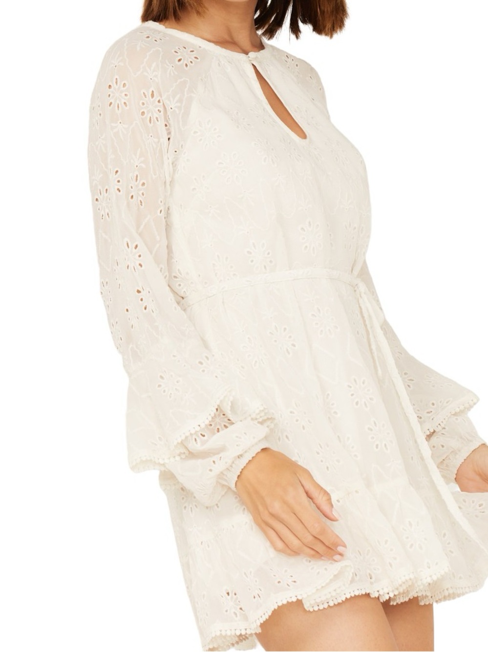 Shyanne White Eyelet Long Sleeve Mini Dress with Tie Waist women SIZE XL